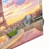 Large abstract depiction of Paris skyline in muted gray and blue tones on acrylic glass, suitable for dining room art.