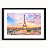 Extra large abstract art print of a Paris scene in vibrant colors on a textured canvas, framed in black.