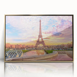 Art deco poster of Paris scenery in gold frame, acrylic print, ideal for modern art wall decor in a nursery.
