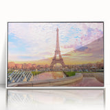 Mid-century modernist art of Paris scenery in muted gray and blue tones on a framed acrylic print.