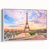 Vintage poster art of Paris scenery in colorful hues on extra large framed canvas, ideal for living room decor.