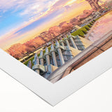 Art deco poster of Paris skyline in muted gray and blue tones on rolled canvas, suitable for dining room decor.