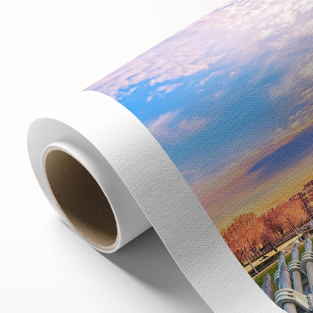 Art Deco style poster of Paris with muted blue and gray tones on rolled canvas, suitable for dining room wall art.