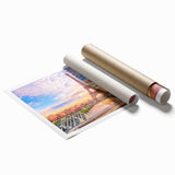 Extra large wall art depicting the Eiffel Tower surrounded by pink and white flowers on a rolled canvas.