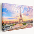 Paris skyline depicted in muted gray and blue tones on a large stretched canvas, ideal for kitchen wall art.