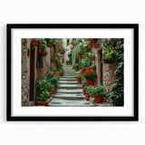 Colorful abstract art print of Provence scenery in vibrant hues on a large textured canvas, framed in black.