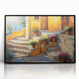 Large abstract wall art depicting a scenic view of southern France in muted earth tones, framed in black acrylic.