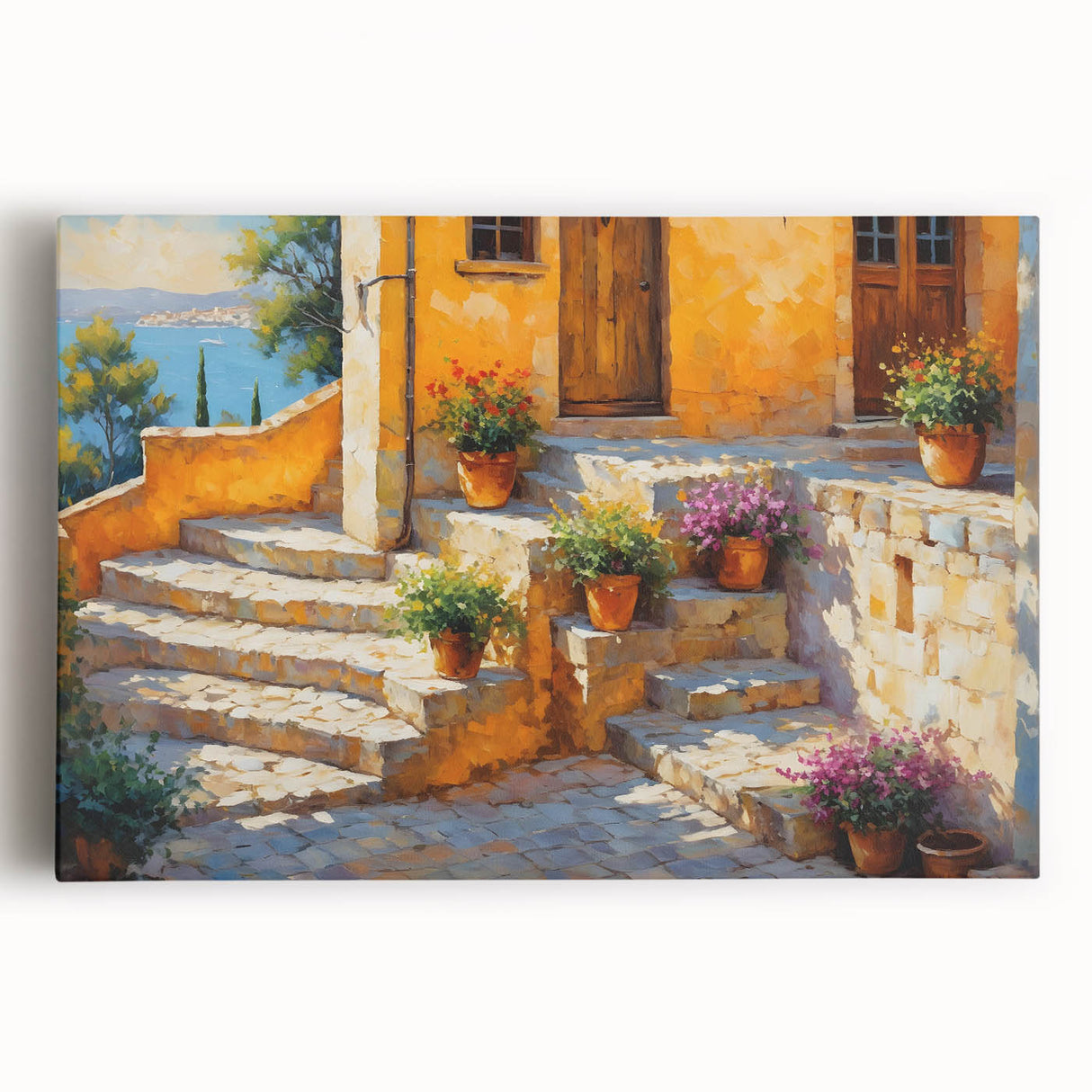 Black and white photograph of a scenic French village on stretched canvas, ideal for kitchen wall art.