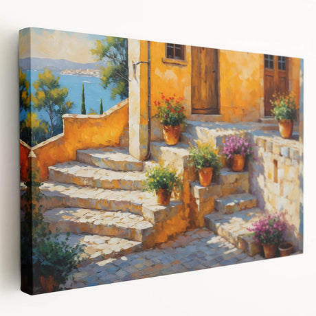 Large art depicting a serene French southern landscape on stretched canvas, in soft earth tones, ideal for kitchen wall art.