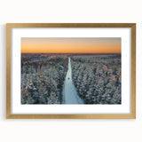 Abstract art print of a European landscape in muted gold and blue tones, framed with a gold mat.