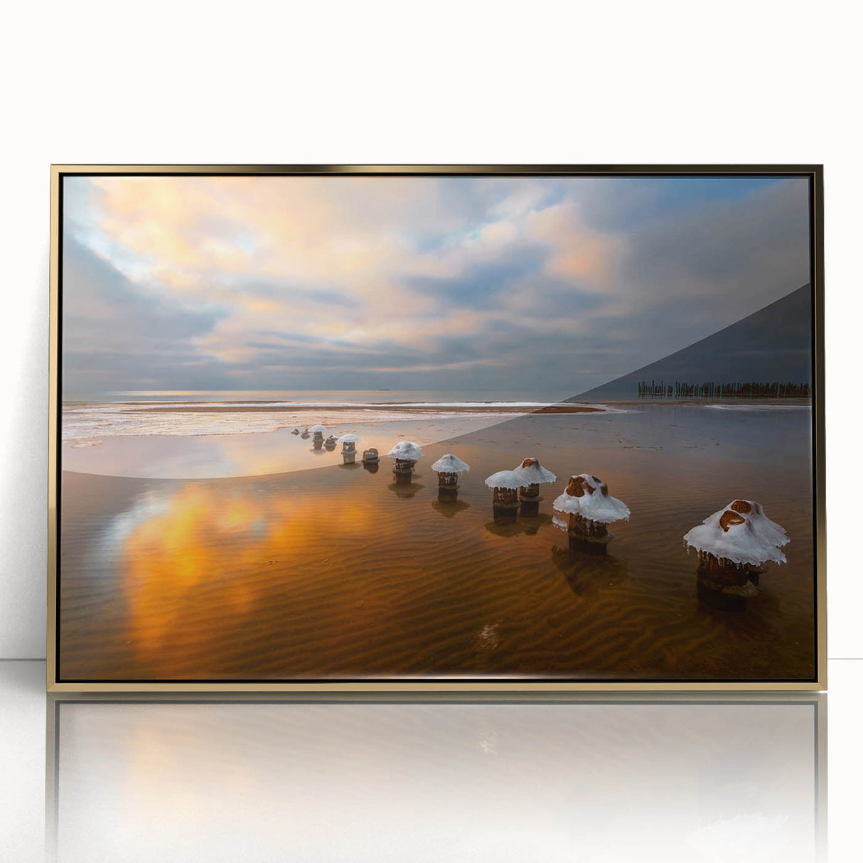 Art Deco poster of a European Lithuania scenery in gold tones, acrylic framed.
