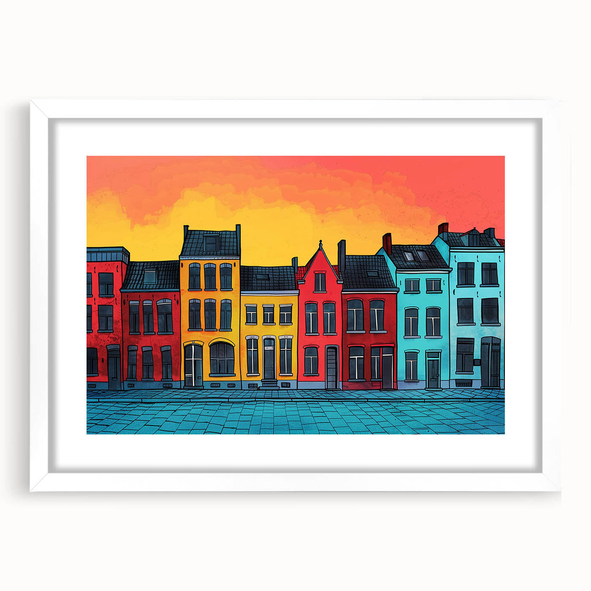 Textured abstract art print of a European scenery in muted earth tones, framed with a white mat.