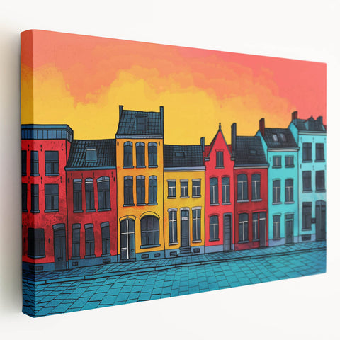 Large art depicting a European cityscape in muted earth tones on stretched canvas, suitable for kitchen wall art.