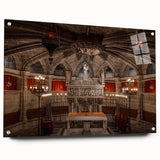 Large abstract depiction of Barcelona on acrylic glass, featuring vivid blue and orange tones.