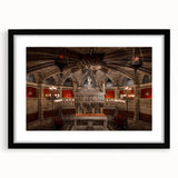 Extra large abstract art print of colorful, textured Barcelona scenery on a black framed canvas, ideal for living room decor.