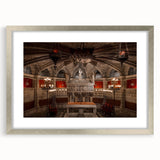 Extra large abstract art print of Barcelona scenery in muted earth tones on a silver-framed canvas.