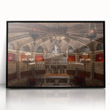 Large abstract wall art depicting a vibrant Barcelona cityscape in mid-century modernist style on black framed acrylic.