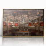 Acrylic print of Barcelona skyline in art deco style with gold frame, suitable for modern art wall decor.