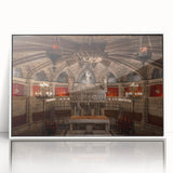 Mid-century modernist art of Barcelona skyline in muted blues and whites on framed acrylic, ideal for nursery wall art.