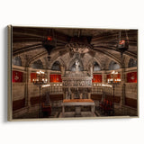 Framed canvas wall art featuring a vintage poster of a Barcelona landscape in black and gold tones, ideal for bedroom decor.