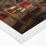 Art deco poster of Barcelona cityscape in muted earth tones on rolled canvas, suitable for dining room wall art.