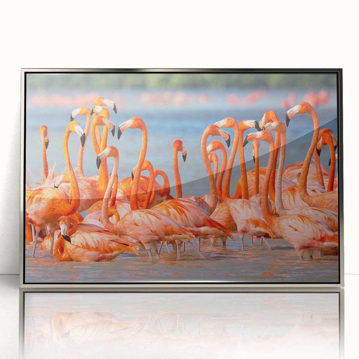 Mid-century modernist art depicting Yucatan scenery in muted earth tones on a silver-framed acrylic print.