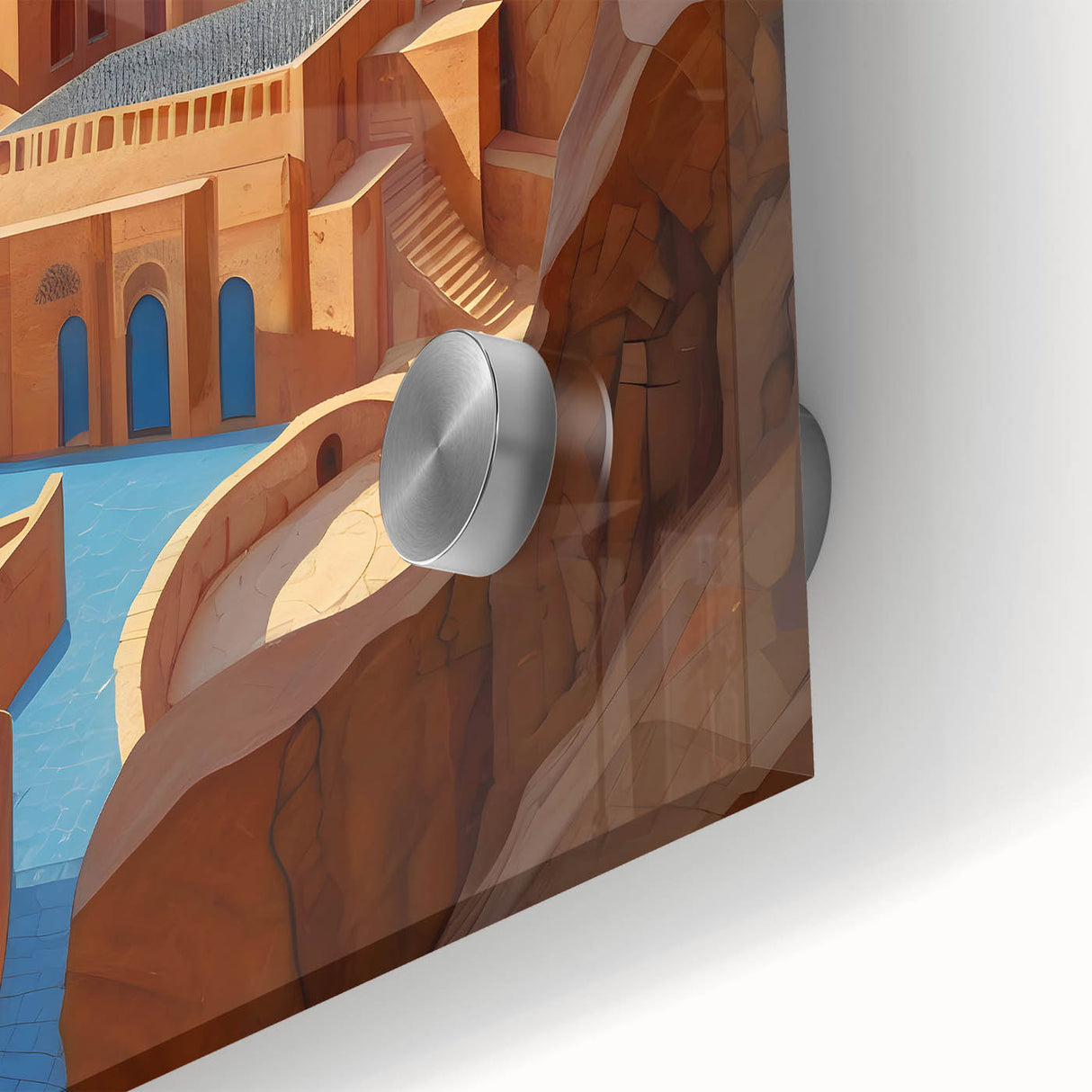 Large abstract wall art depicting a mid-century modernist Iranian scenery in muted earth tones on acrylic glass.