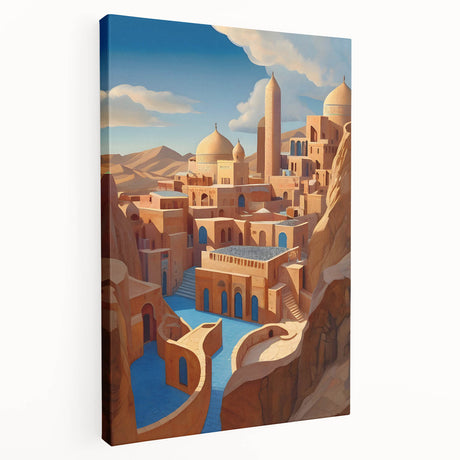 Large canvas print of a Middle Eastern landscape in muted earth tones, suitable for kitchen wall art.