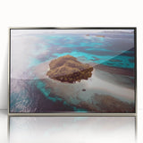 Mid-century modernist art depicting a serene Oceania Fiji landscape on a silver-framed acrylic print.