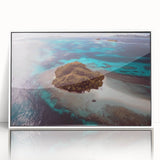 Art deco poster depicting a serene Fiji landscape on a framed acrylic, with soft blue and green tones.