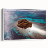 Vintage poster art of a Fiji scenery on a framed canvas, featuring vibrant oceanic and sky hues, ideal for living room decor.