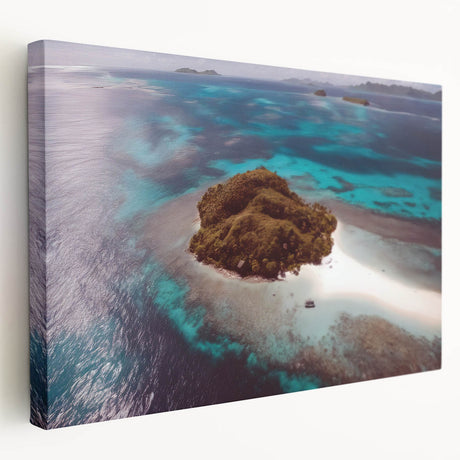 Side view of a stretched canvas depicting the serene Fiji oceanscape, in soothing blue and green tones.