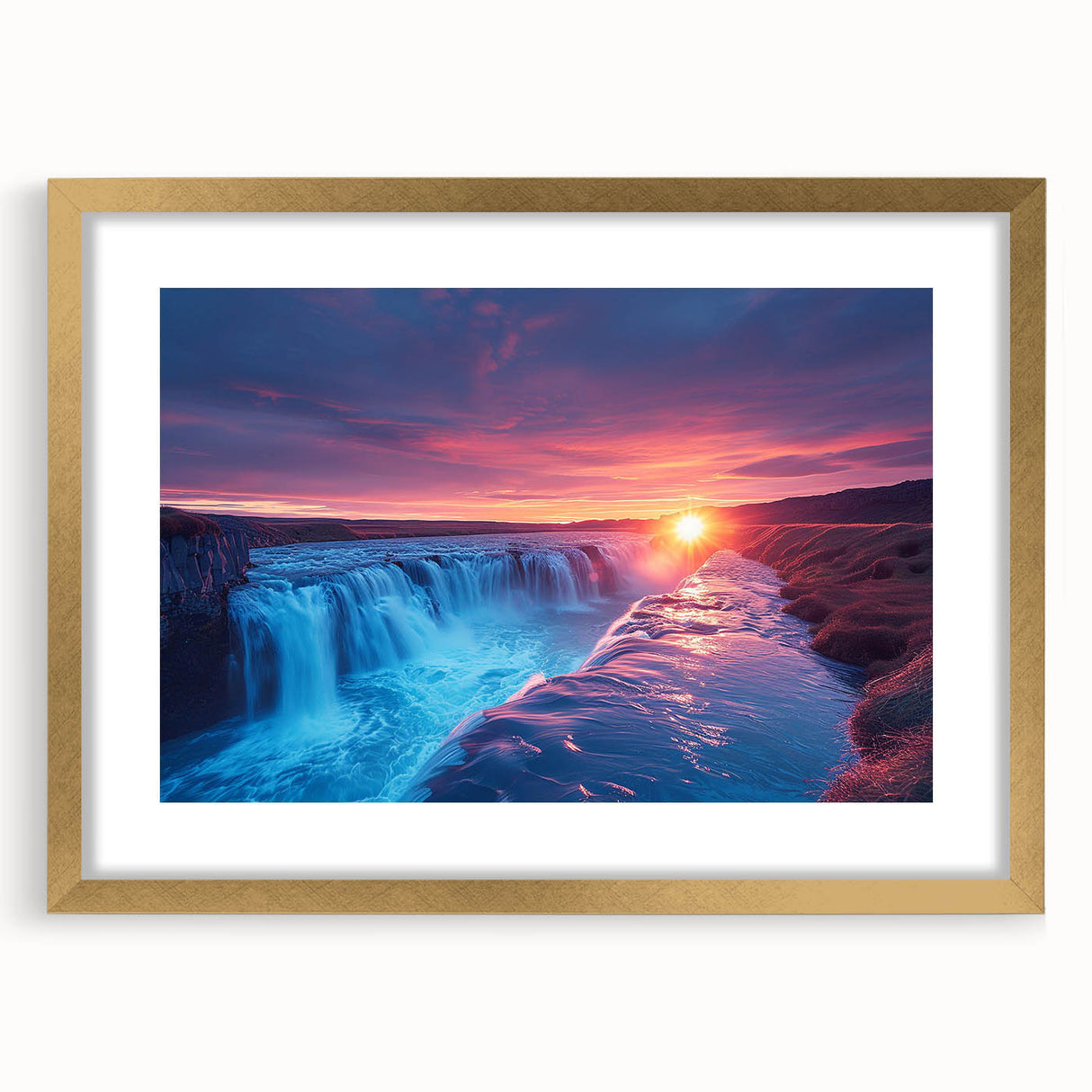Extra large abstract art print of an Argentine landscape, textured in gold tones, framed with mat.