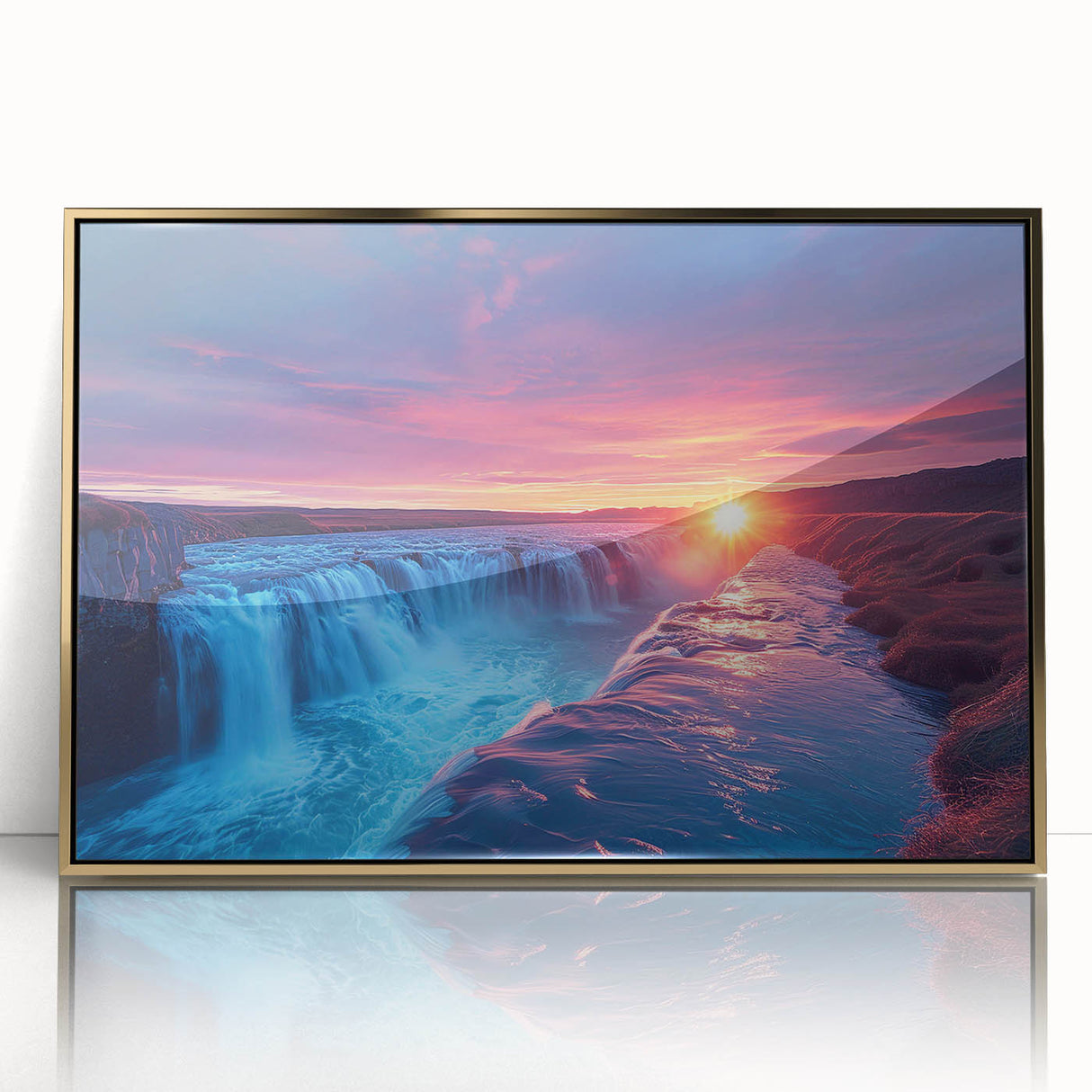 Large art print of a mid-century modernist South American scenery in muted earth tones, framed in gold acrylic.