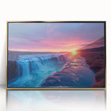 Large art print of a mid-century modernist South American scenery in muted earth tones, framed in gold acrylic.