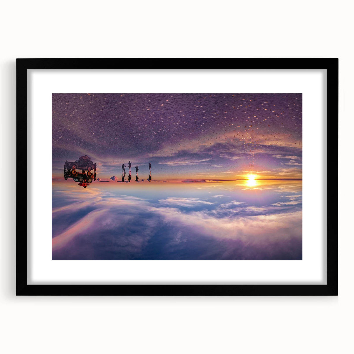 Colorful abstract art print of a South American scenery in a black frame, ideal for living room decor.