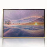 Large art print of a mid-century modernist Bolivian landscape on framed acrylic with gold hues, ideal for nursery wall art.