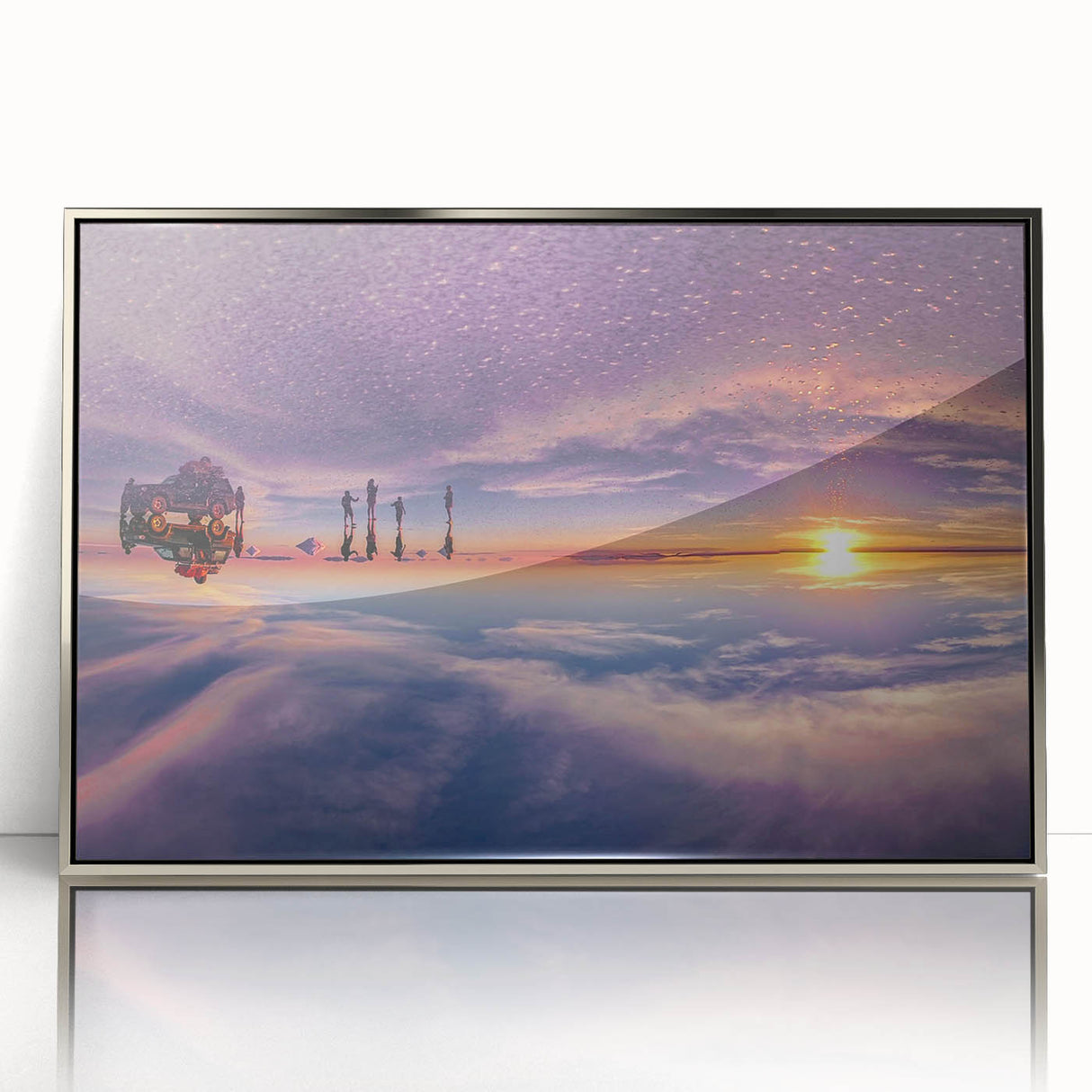 Mid-century modernist art of a Bolivian landscape in muted earth tones on a silver-framed acrylic.