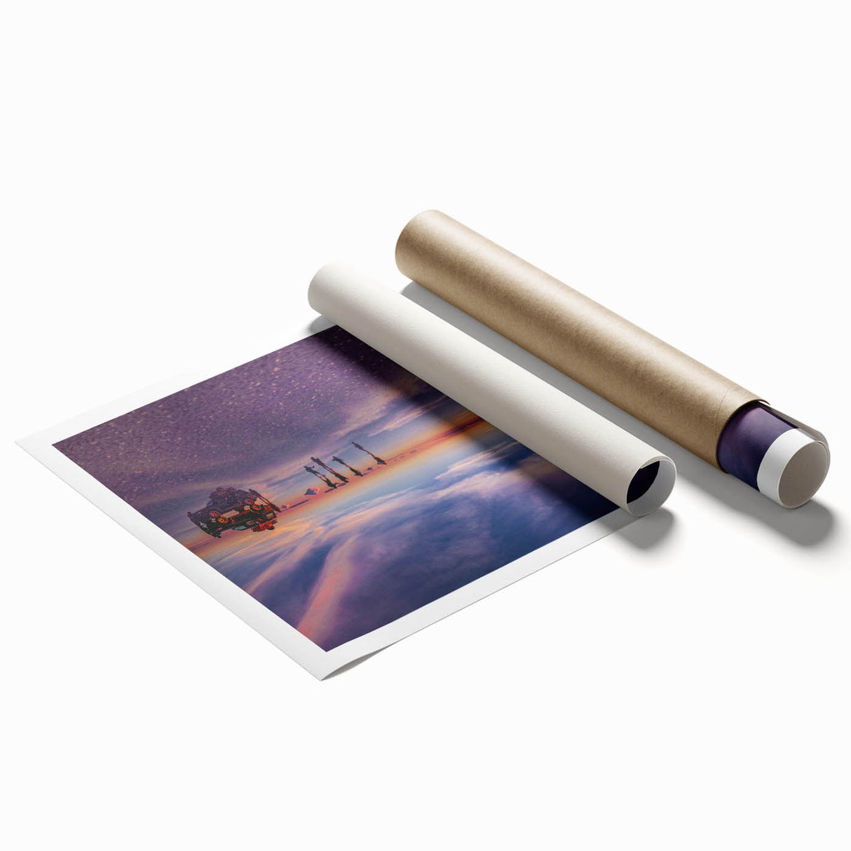 Extra large rolled print featuring a serene Bolivian landscape with lush florals in soft green and earth tones.