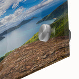 Large abstract wall art depicting a Brazilian landscape in bold green and blue tones on acrylic glass.