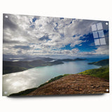 Acrylic print of a large abstract rendition of a Brazilian landscape in vibrant green and blue tones.