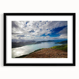 Extra large abstract art print of a vibrant, colorful Brazilian landscape on textured canvas, framed in black.