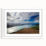 Abstract art print of a Brazilian landscape in muted earth tones on a white framed canvas, suitable for dining room decor.