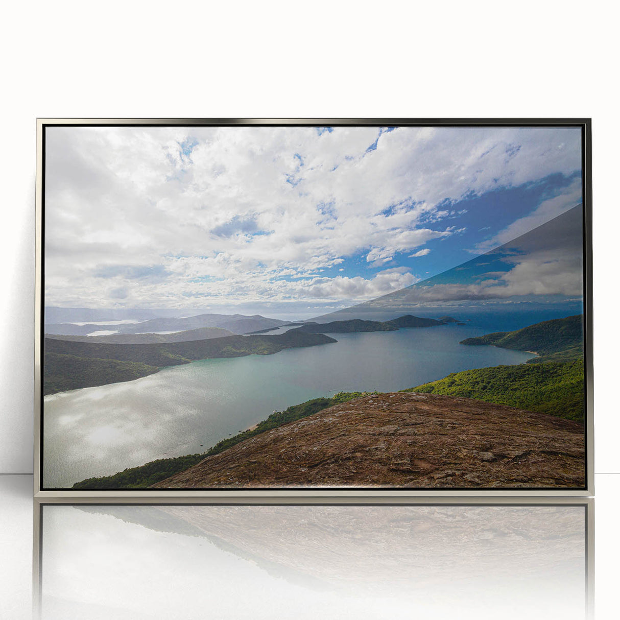 Mid-century modernist art depicting a scenic Brazilian landscape in muted earth tones on a framed acrylic print.
