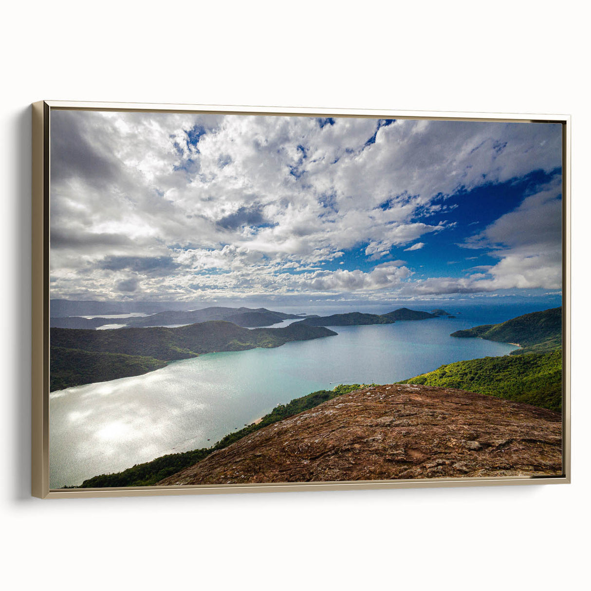 Framed canvas featuring a vintage-style landscape painting of a Brazilian scenery in muted earth tones.