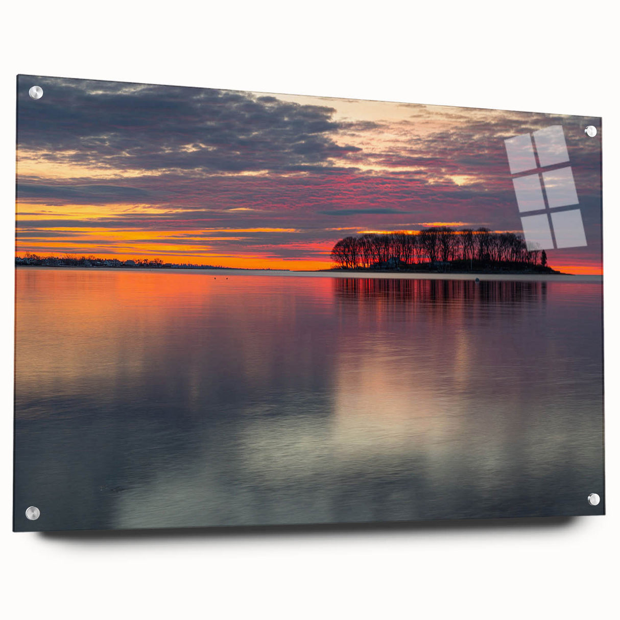 Acrylic print of a large abstract depiction of Connecticut scenery in muted earth tones.