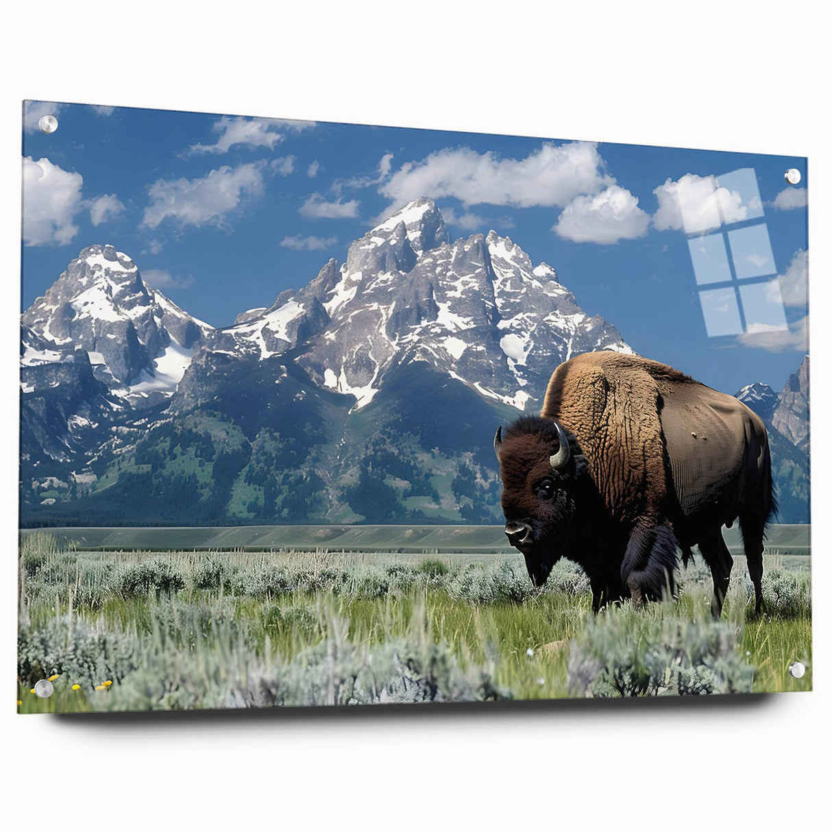 Acrylic print of the Grand Tetons in muted earth tones, ideal for enhancing bedroom or dining room decor.