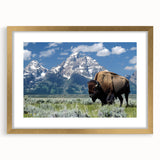 Extra large wall art featuring an abstract print of Wyoming's Grand Tetons in textured tones, framed in gold.