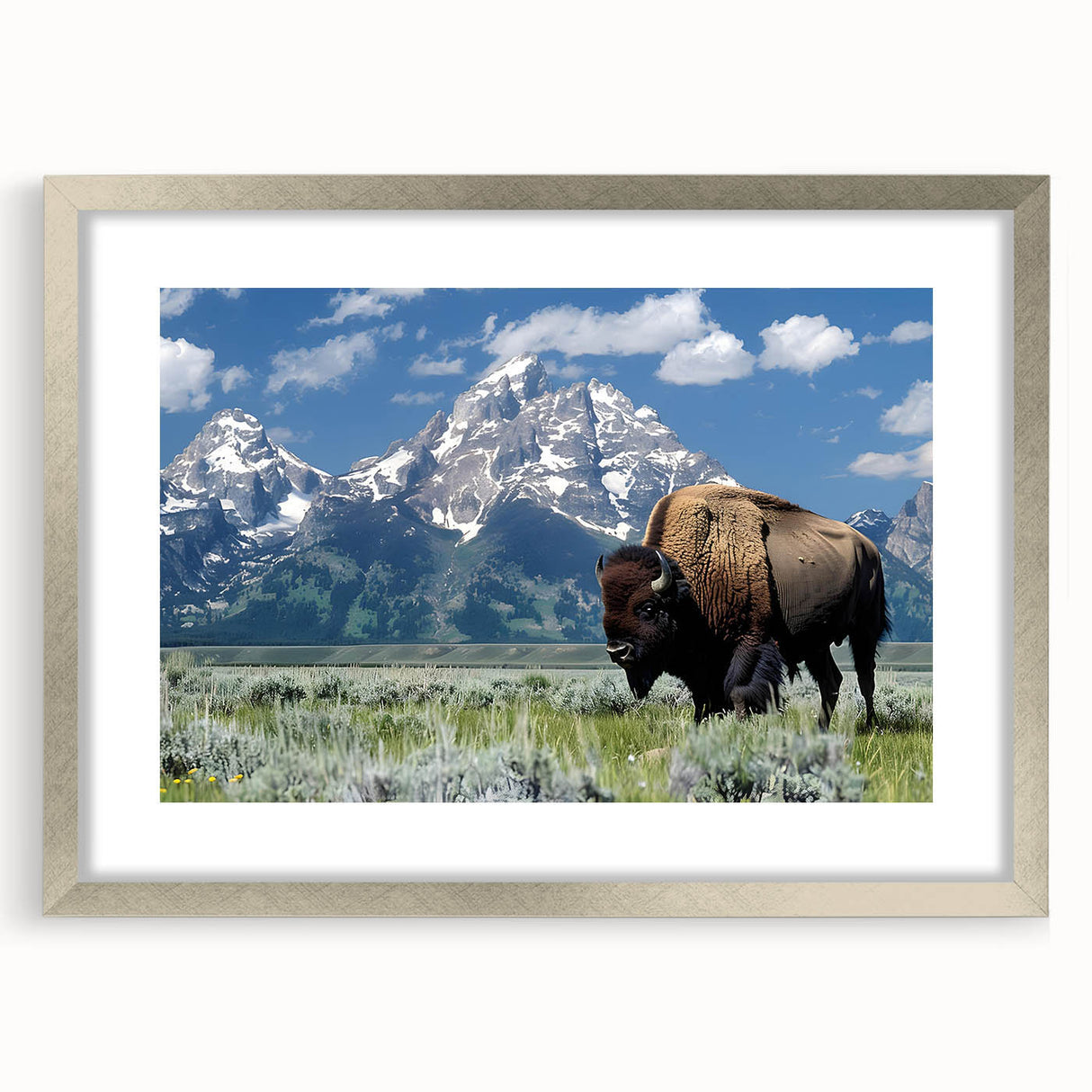 Textured art print of the Grand Tetons in muted earth tones, framed in silver, suitable for bedroom decor.