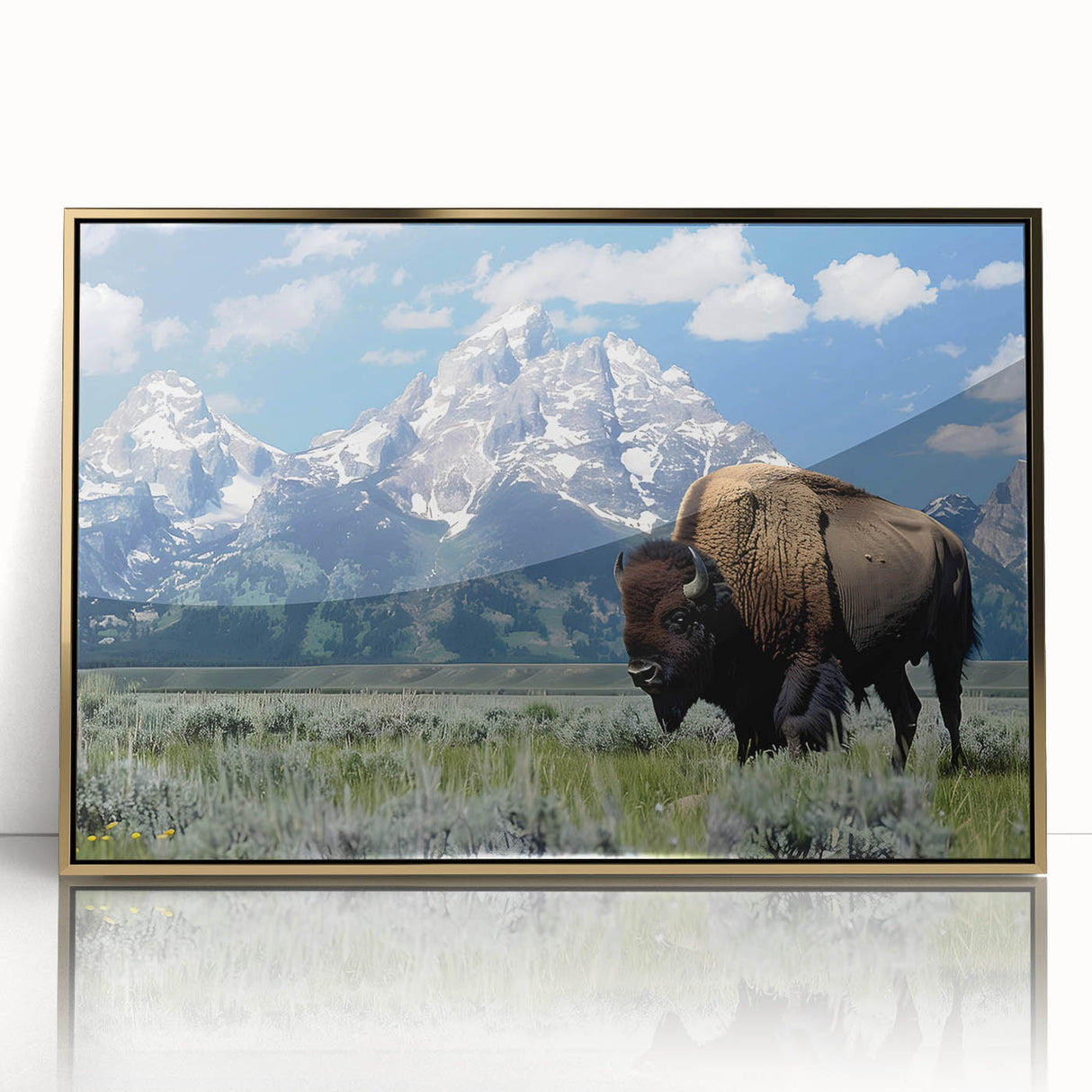Framed acrylic print of the Grand Tetons, in muted earth tones, ideal for modern art wall decor.